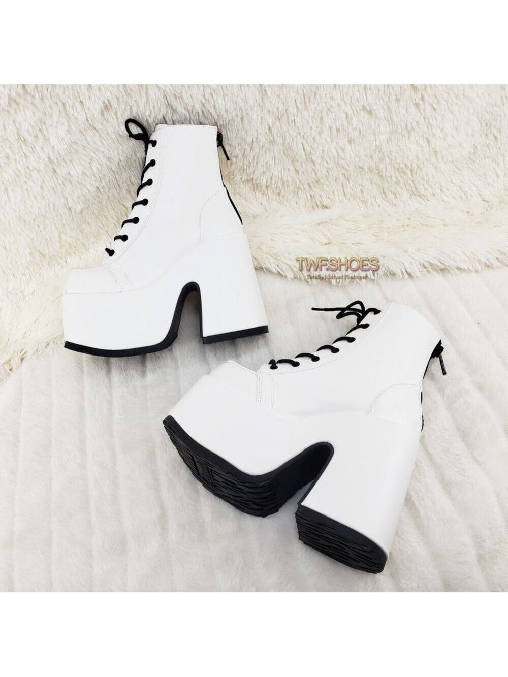 White Matte Chunky Platform Goth Punk Ankle Boots Camel - Picture 6 of 14